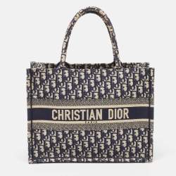 Pre Owned Dior Navy Blue Oblique Embroidered Canvas Medium Book Tote