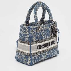 Pre Owned Dior Blue/Off White Cannage Embroidered Canvas Medium Lady D-Lite Tote
