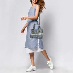 Pre Owned Dior Blue/Off White Cannage Embroidered Canvas Medium Lady D-Lite Tote