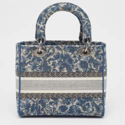 Pre Owned Dior Blue/Off White Cannage Embroidered Canvas Medium Lady D-Lite Tote