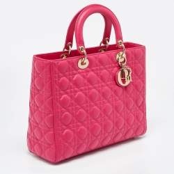 Pre Owned Dior Fuschia Cannage Leather Large Lady Dior Tote