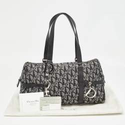 Pre Owned Dior Navy Blue Oblique Canvas and Leather Charms Boston Bag