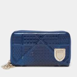 Dior Blue Micro Cannage Patent Leather Diorama Zip Around Wallet