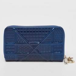 Dior Blue Micro Cannage Patent Leather Diorama Zip Around Wallet