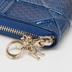 Dior Blue Micro Cannage Patent Leather Diorama Zip Around Wallet