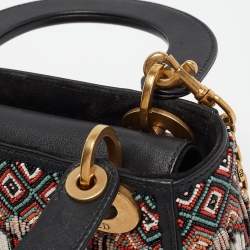 Pre Owned Dior Black/Multicolor Leather Beaded Fringe Mini Lady Dior Tote