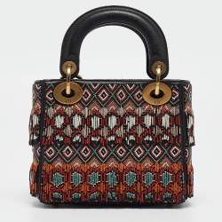 Pre Owned Dior Black/Multicolor Leather Beaded Fringe Mini Lady Dior Tote