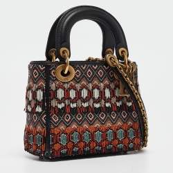 Pre Owned Dior Black/Multicolor Leather Beaded Fringe Mini Lady Dior Tote