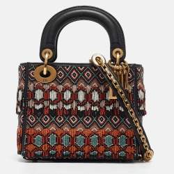 Pre Owned Dior Black/Multicolor Leather Beaded Fringe Mini Lady Dior Tote