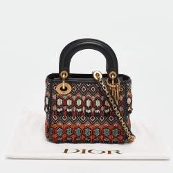 Pre Owned Dior Black/Multicolor Leather Beaded Fringe Mini Lady Dior Tote