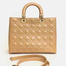 Pre Owned Dior Beige Patent Leather Large Lady Dior Tote Bag
