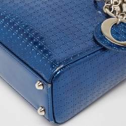 Pre Owned Dior Metallic Blue Microcannage Patent Leather Mini Lady Dior Tote