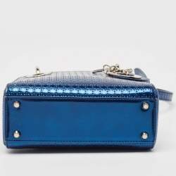 Pre Owned Dior Metallic Blue Microcannage Patent Leather Mini Lady Dior Tote