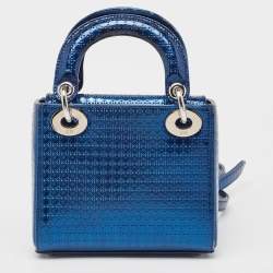 Pre Owned Dior Metallic Blue Microcannage Patent Leather Mini Lady Dior Tote