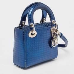 Pre Owned Dior Metallic Blue Microcannage Patent Leather Mini Lady Dior Tote