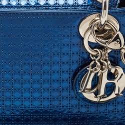 Pre Owned Dior Metallic Blue Microcannage Patent Leather Mini Lady Dior Tote