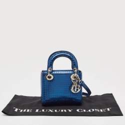 Pre Owned Dior Metallic Blue Microcannage Patent Leather Mini Lady Dior Tote