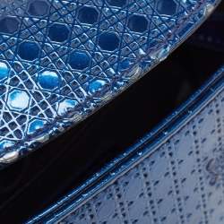 Pre Owned Dior Metallic Blue Microcannage Patent Leather Mini Lady Dior Tote