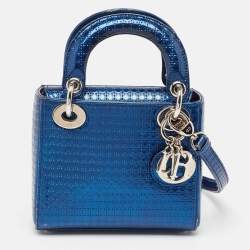 Pre Owned Dior Metallic Blue Microcannage Patent Leather Mini Lady Dior Tote
