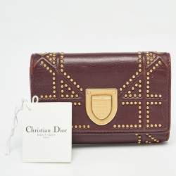 Pre Owned Dior Burgundy Leather Studded Diorama Trifold Wallet