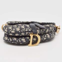 Pre Owned Dior Navy Blue Oblique Canvas and Leather Mini Saddle Bag