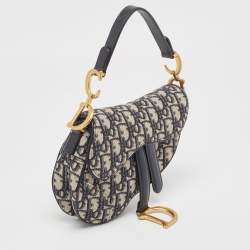 Pre Owned Dior Navy Blue Oblique Canvas and Leather Mini Saddle Bag