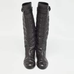 Pre Owned Dior Black Quilted Leather Buckle Detail Knee Length Boots Size 41