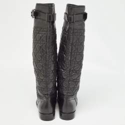 Pre Owned Dior Black Quilted Leather Buckle Detail Knee Length Boots Size 41