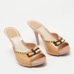 Pre Owned Dior Beige Patent Leather Bow Peep Toe Sandals Size 39.5