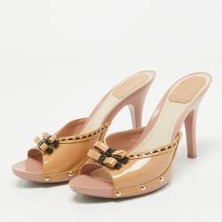 Pre Owned Dior Beige Patent Leather Bow Peep Toe Sandals Size 39.5