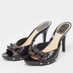 Dior Black Cannage Patent Bow Slide Sandals Size 37