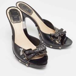 Dior Black Cannage Patent Bow Slide Sandals Size 37