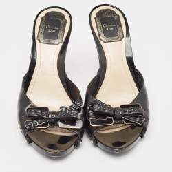 Dior Black Cannage Patent Bow Slide Sandals Size 37