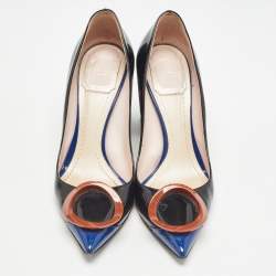 Pre Owned Dior Black/Blue Patent Pointed Toe Block Heel Pumps Size 37.5