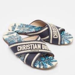 Dior Blue/White Canvas Dway Criss Cross Slide Sandals Size 37 