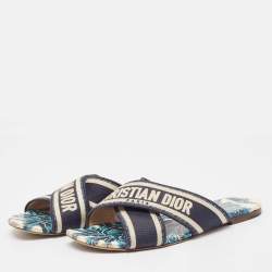 Dior Blue/White Canvas Dway Criss Cross Slide Sandals Size 37 