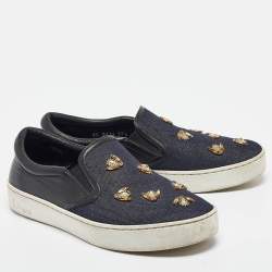 Pre Owned Dior Navy Blue/Black Denim and Leather Dior Happy Sneakers Size 38.5
