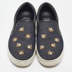 Pre Owned Dior Navy Blue/Black Denim and Leather Dior Happy Sneakers Size 38.5