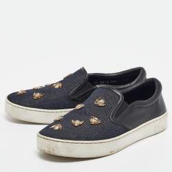 Pre Owned Dior Navy Blue/Black Denim and Leather Dior Happy Sneakers Size 38.5