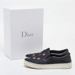 Pre Owned Dior Navy Blue/Black Denim and Leather Dior Happy Sneakers Size 38.5