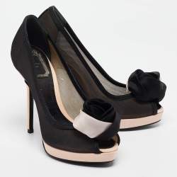 Dior Black/Blush Pink Mesh and Satin Chiffon Flower Peep Toe Platform Pumps Size 35