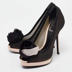 Dior Black/Blush Pink Mesh and Satin Chiffon Flower Peep Toe Platform Pumps Size 35