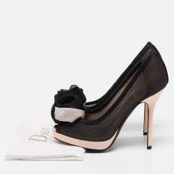 Dior Black/Blush Pink Mesh and Satin Chiffon Flower Peep Toe Platform Pumps Size 35