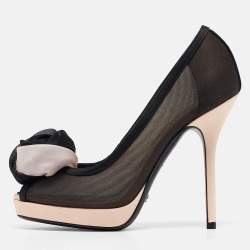 Dior Black/Blush Pink Mesh and Satin Chiffon Flower Peep Toe Platform Pumps Size 35