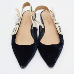 Pre Owned Dior Navy Blue Velvet J'adior Slingback Flats Size 37.5
