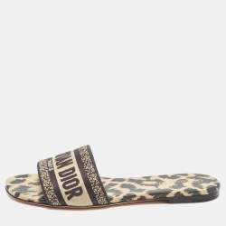 Dior Black/Beige Logo Embroidered Canvas Dway Flat Slides Size 37.5
