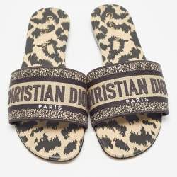 Dior Black/Beige Logo Embroidered Canvas Dway Flat Slides Size 37.5