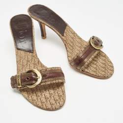 Dior Brown Oblique Canvas Buckle Detail Slide Sandals Size 37.5