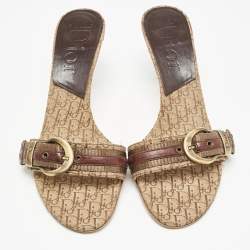 Dior Brown Oblique Canvas Buckle Detail Slide Sandals Size 37.5