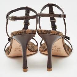 Dior Brown Leather and Canvas Embellished T Strap Sandals Size 39